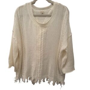 POL Women's Distressed Cream Sweater Back Ruffle Frayed Fringe Neutral Sz L Boho